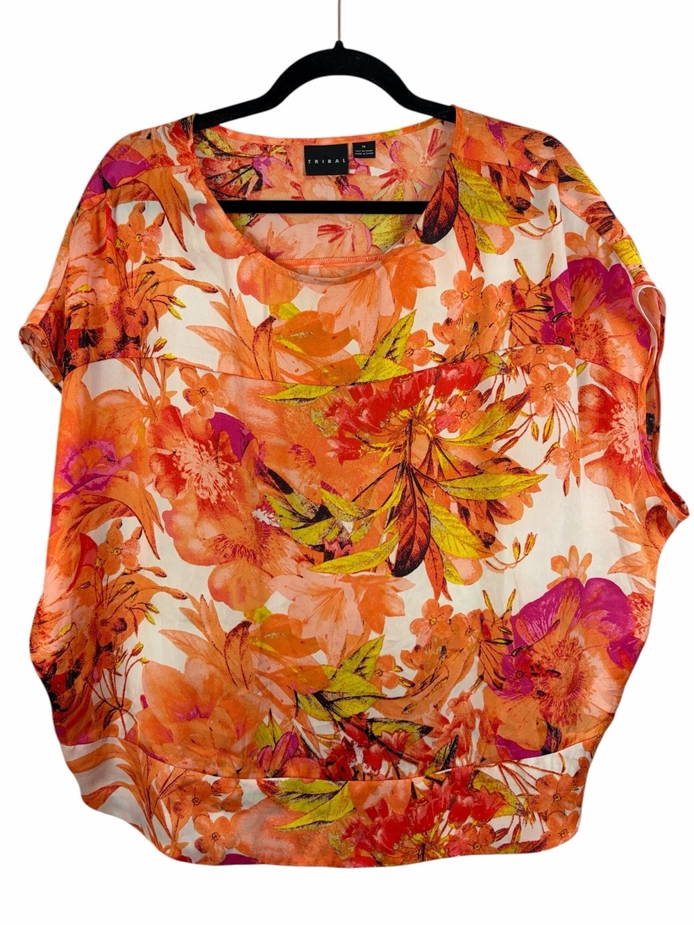Tribal Floral Dolman Blouse Size 14 Orange Pink Tropical Lightweight Top